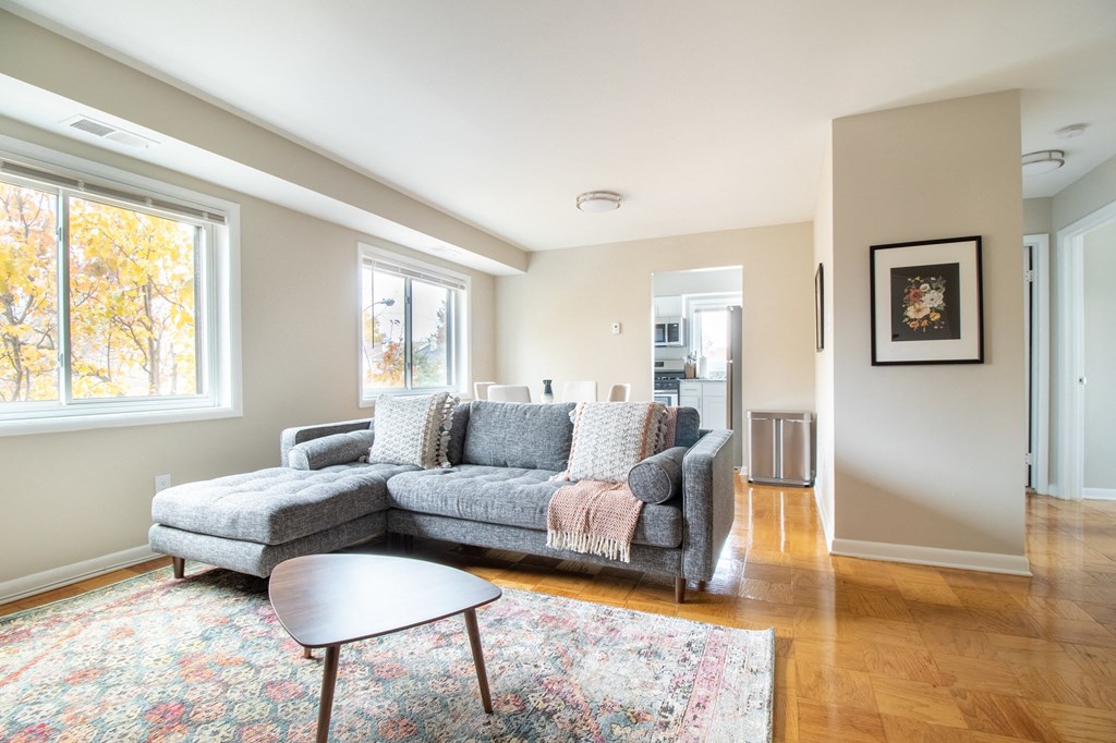 a living room with a couch and a chair and a rug
