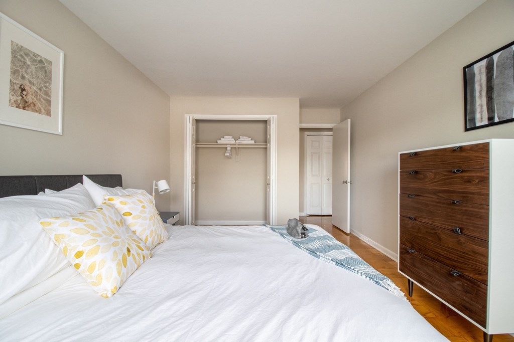 a bedroom with a bed and a dresser and a closet