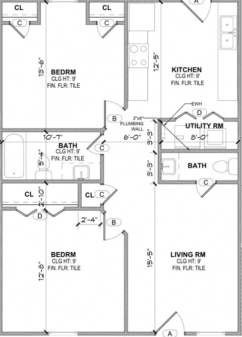 a floor plan of a house with bedrooms and baths and a kitchen and a bathroom