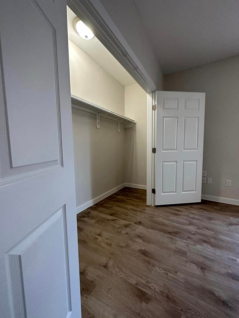 a bedroom with a closet and a door open to a closet