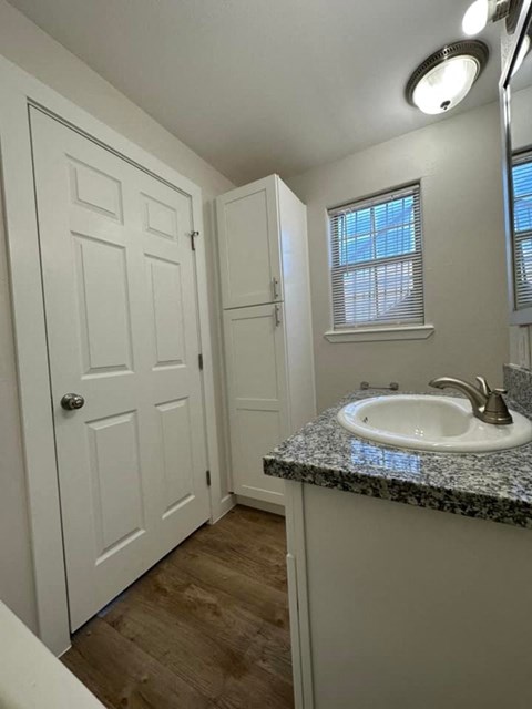 a bathroom with a sink and a white door