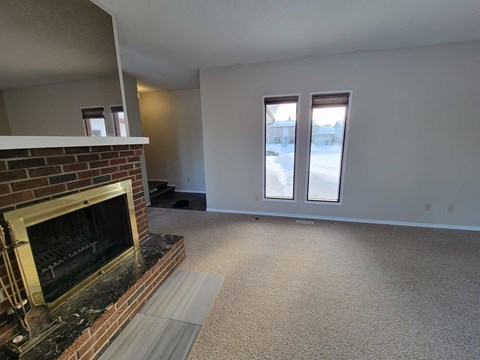 A room with a fireplace and carpeted floor.