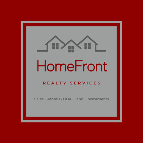 A logo for HomeFront Realty Services featuring three houses and the company's offerings.