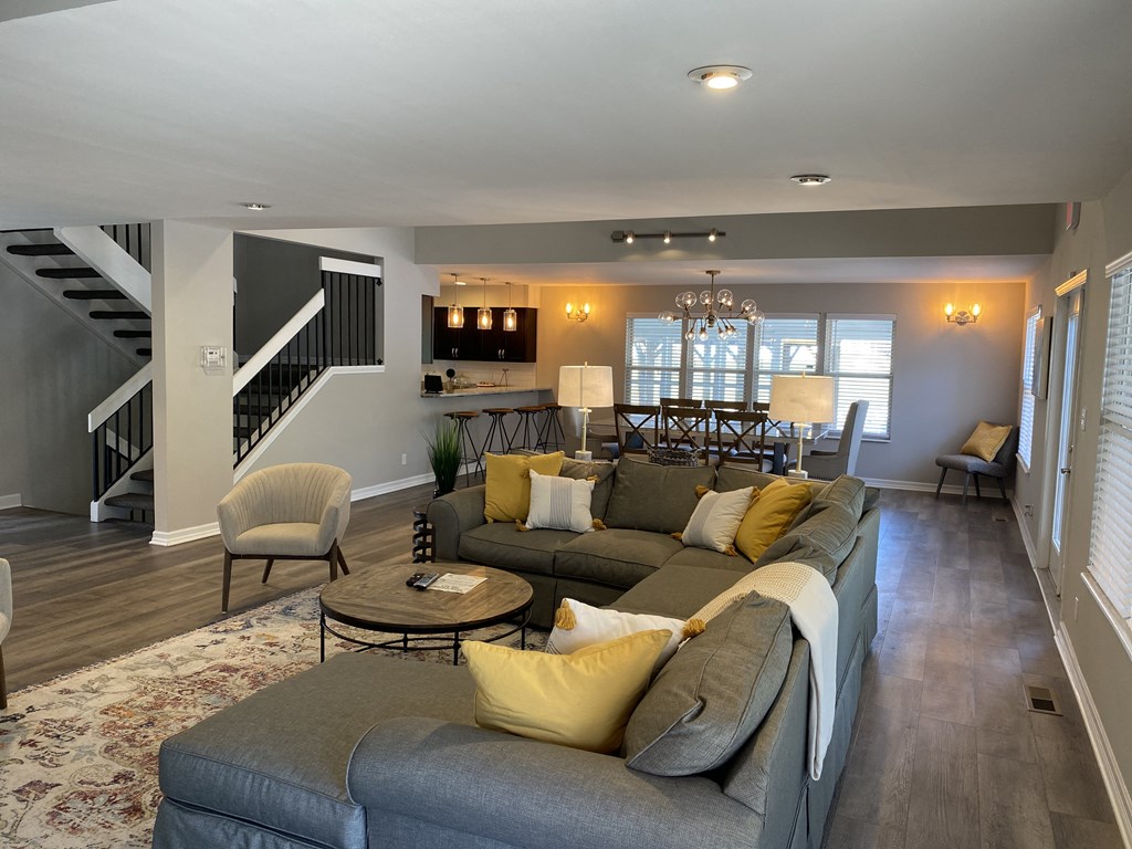 a living room with a couch and a table