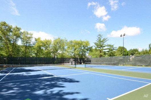 a tennis court with blue and green courts and trees