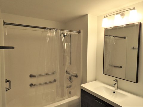 a bathroom with a shower and a sink and a mirror