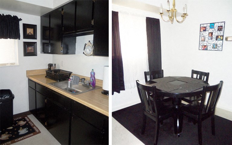 a kitchen and a dining room with a sink and a table