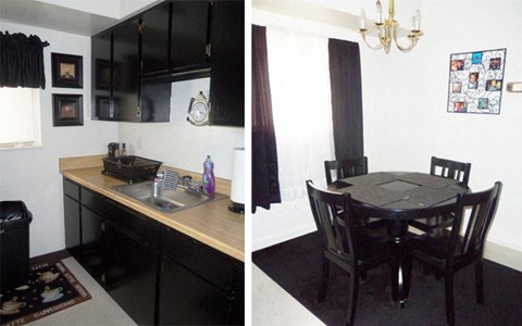 a kitchen and a dining room with a sink and a table