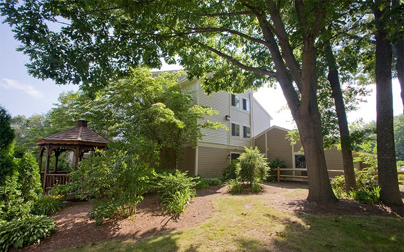 a backyard with a gazebo and a house