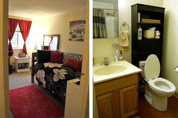 a bedroom and a bathroom with a couch and a toilet