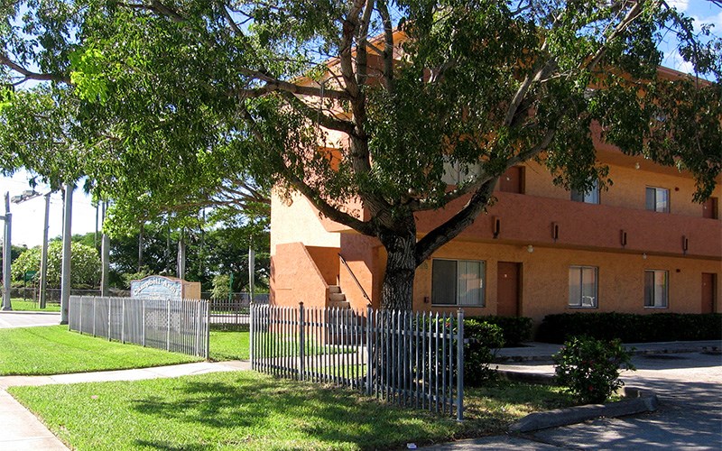 a building with a tree in front of it and a fence