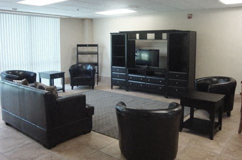 a living room with leather furniture and a television