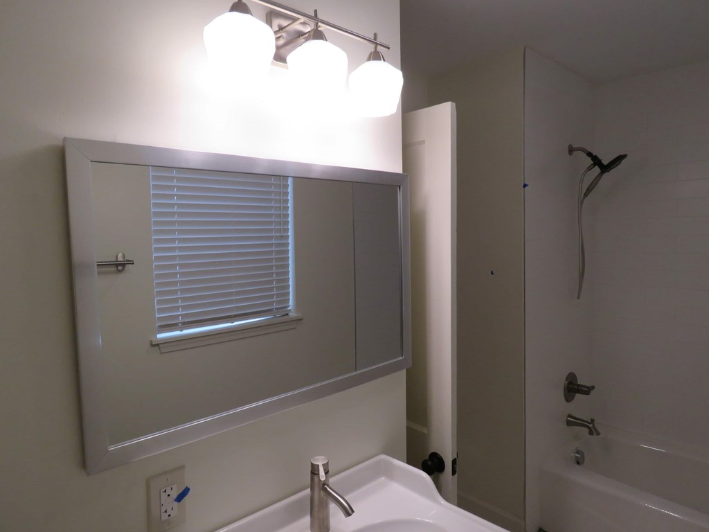 a bathroom with a sink and a mirror and a shower