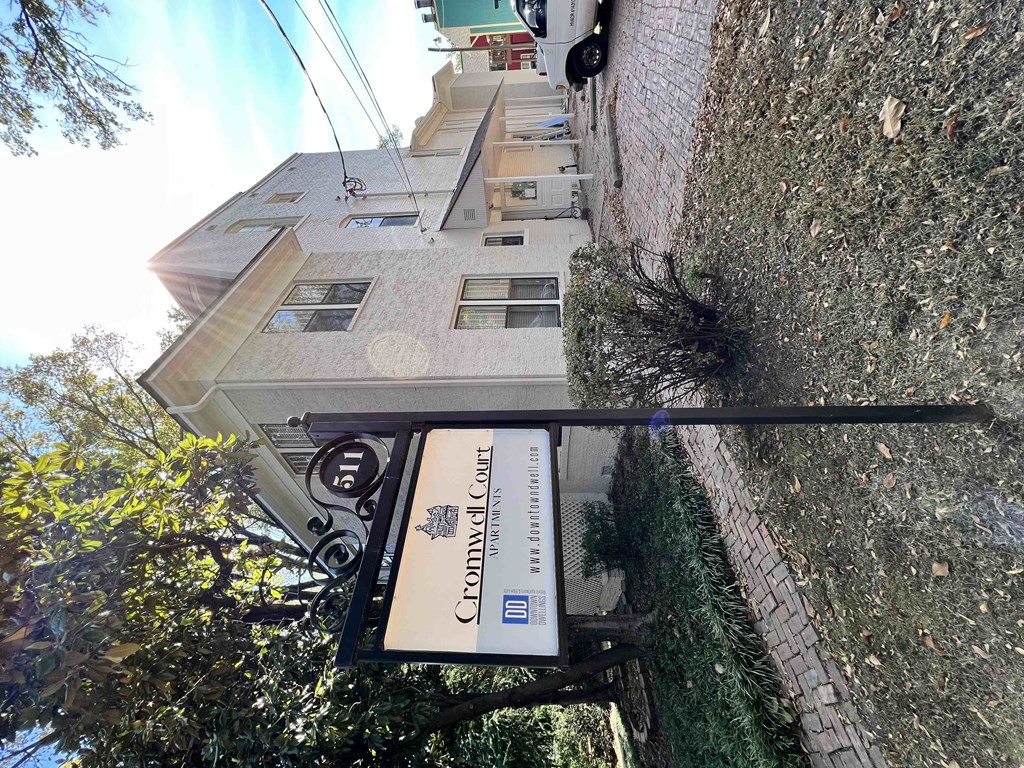 a building with a sign on the side of it