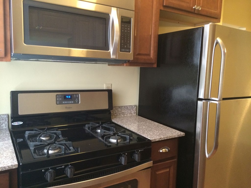 a kitchen with a stove and a microwave and a refrigerator