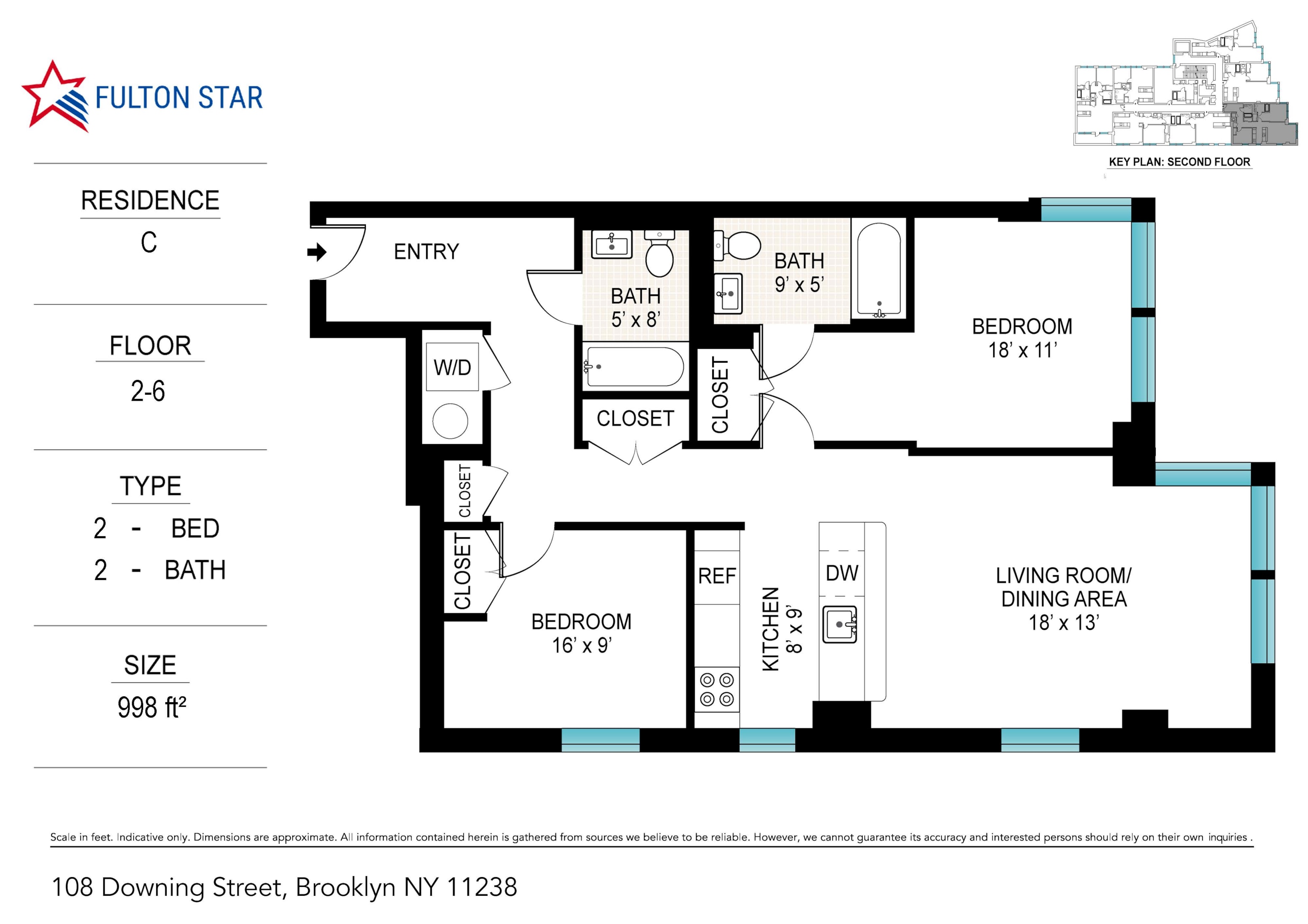 A floor plan for a residence at 108 Downing Street, Brooklyn NY 11238.