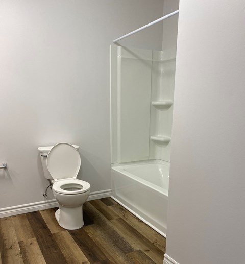 A white toilet sits next to a white bathtub in a bathroom.