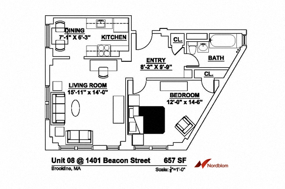 One Bed One Bath A8 657 Sq.Ft. Floor plan at The Regent, Brookline, Massachusetts