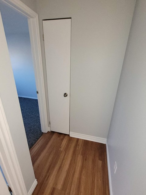 a bedroom with a closet and a hard wood floor