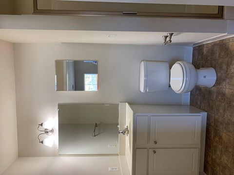 A bathroom with a toilet, sink, and mirror.