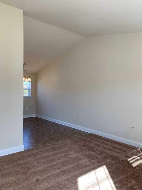 a living room with white walls and carpet and a window
