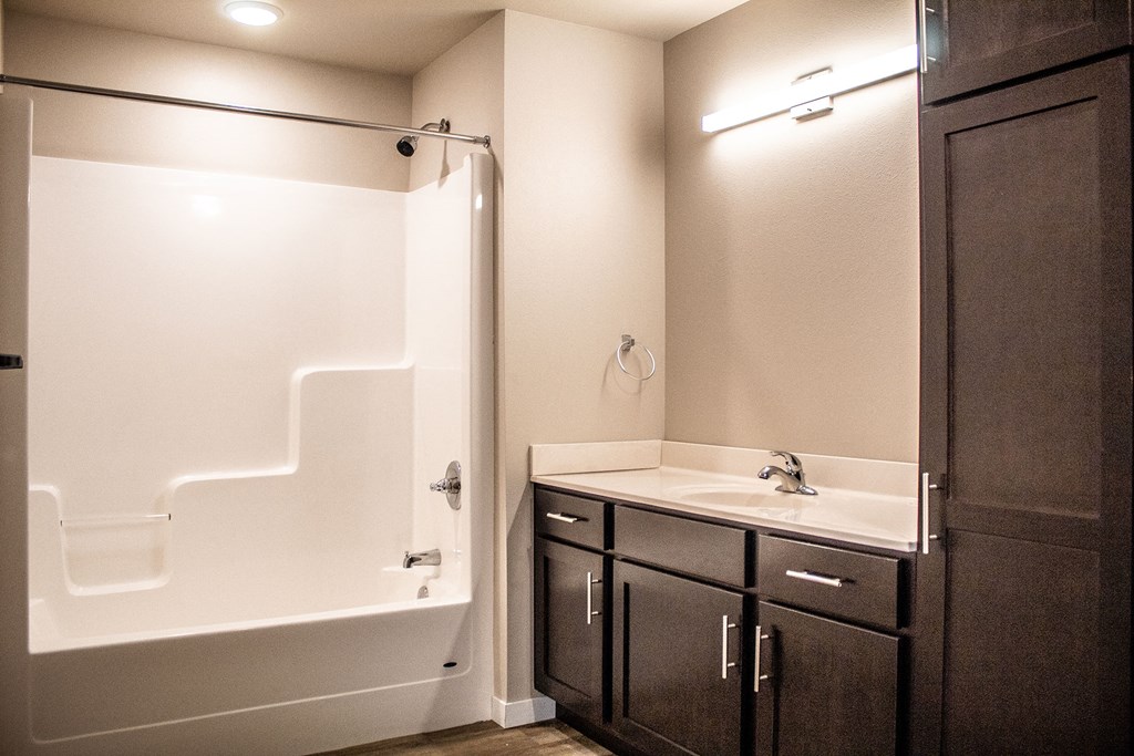 a bathroom with a sink and a bath tub