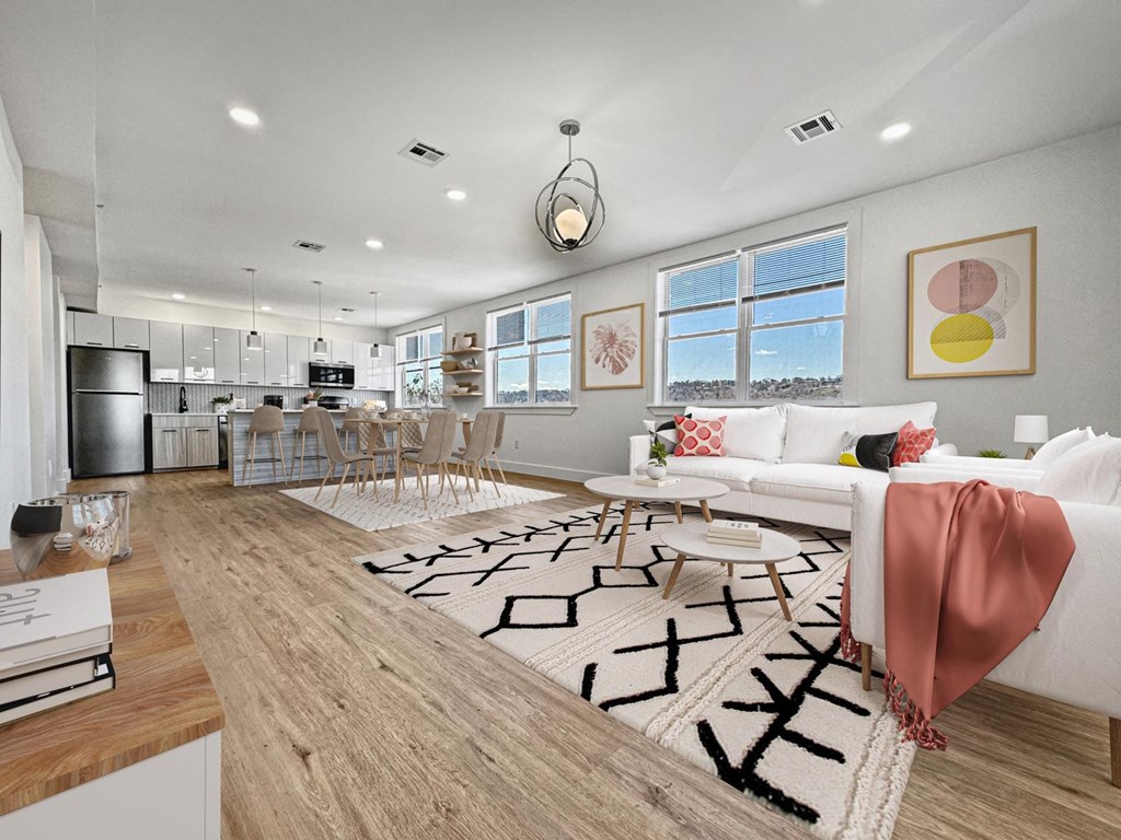 a living room with a couch and a table