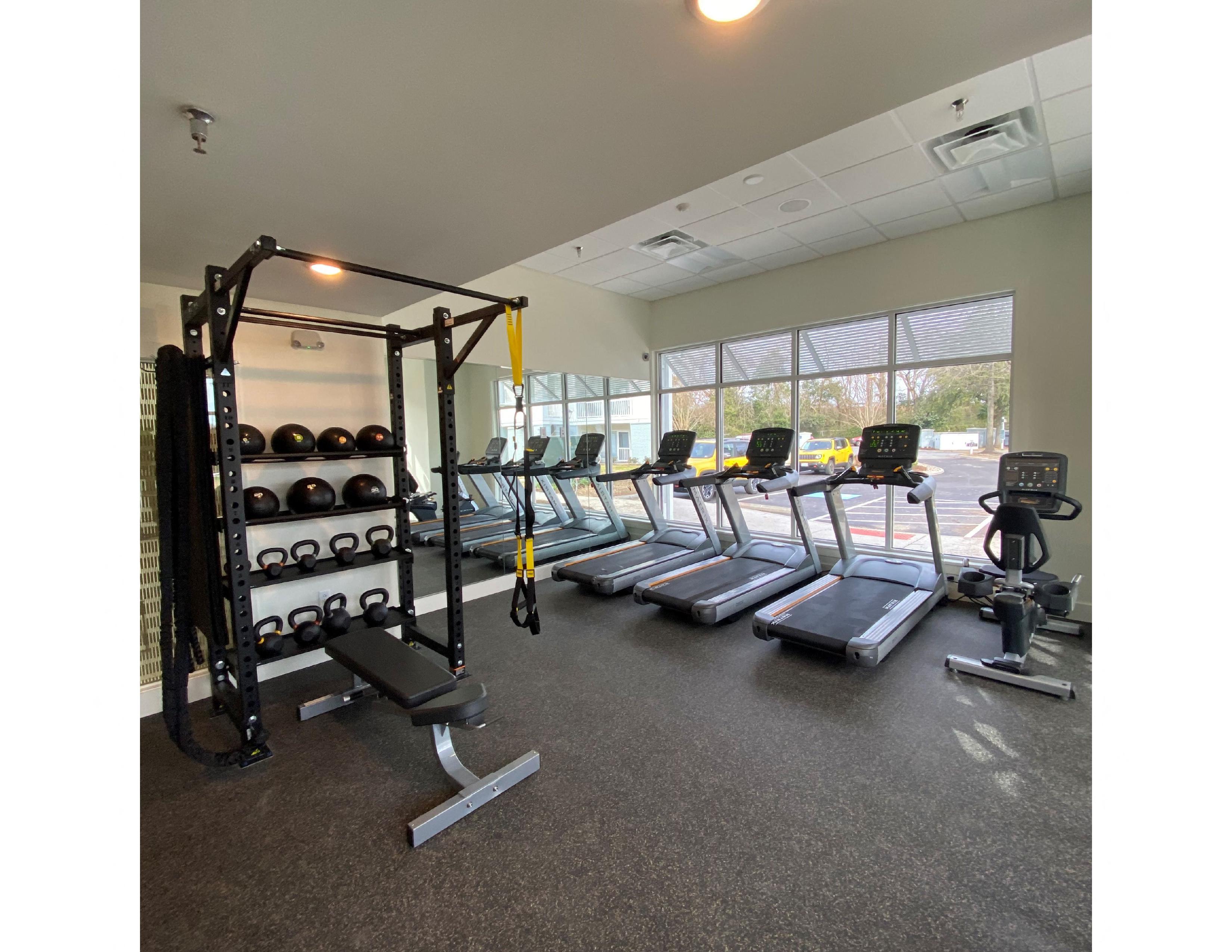 the gym has plenty of weights and cardio equipment at the preserve at great neck apartments