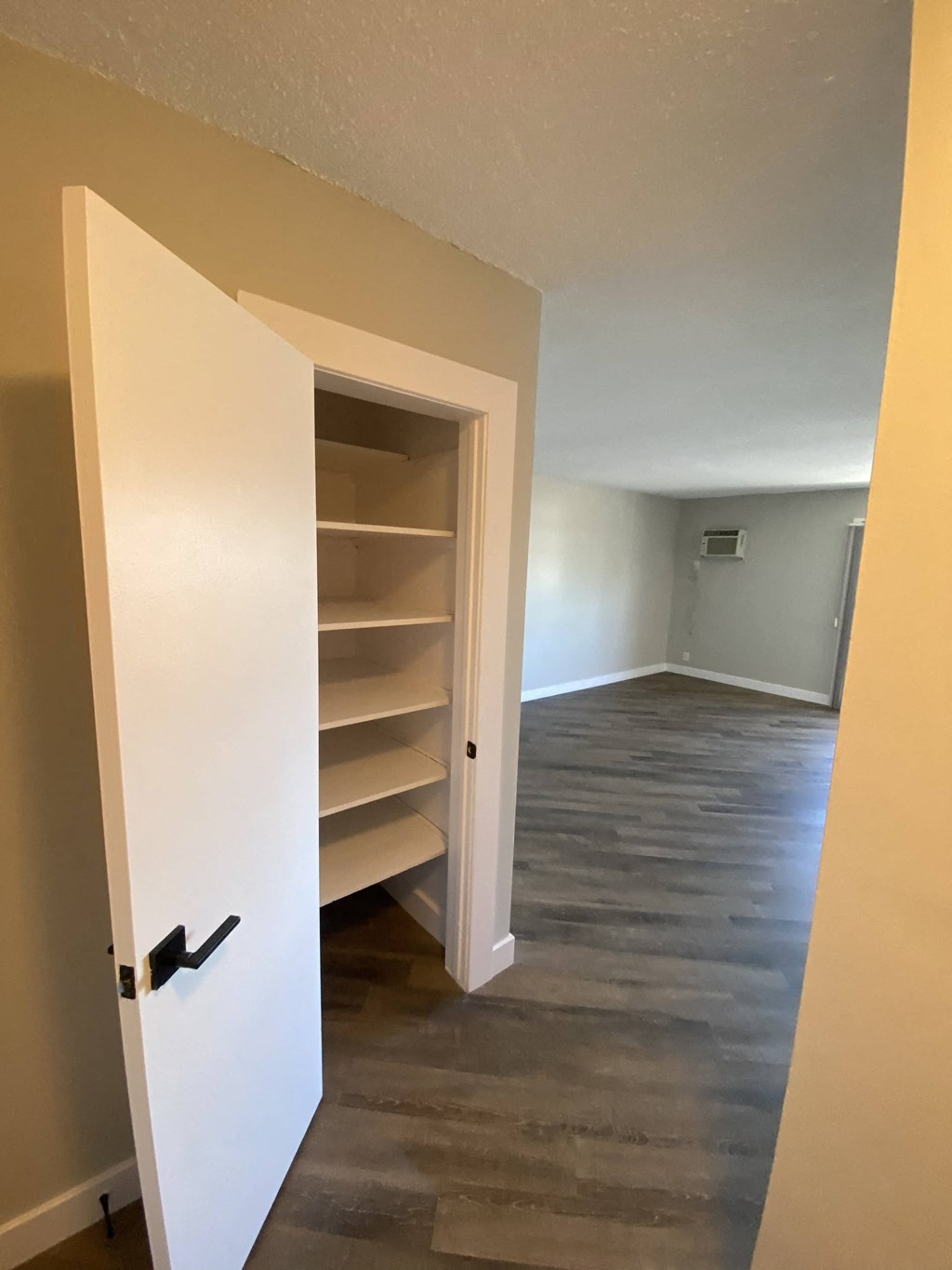 a room with a closet and a hallway with a wood floor