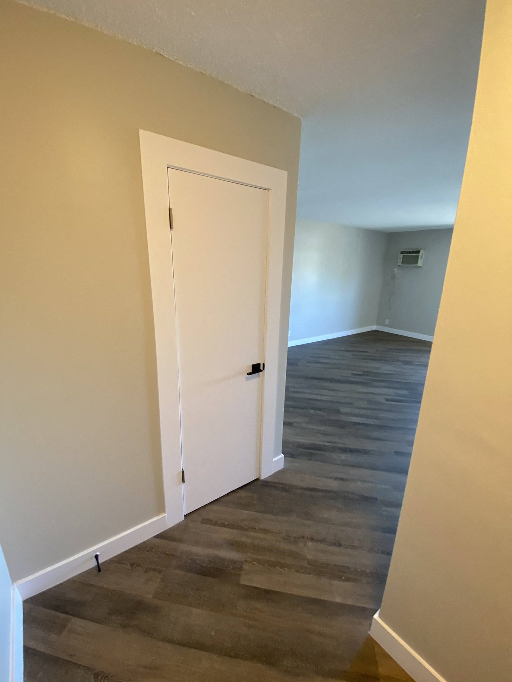 a room with a door and a hallway with a wood floor