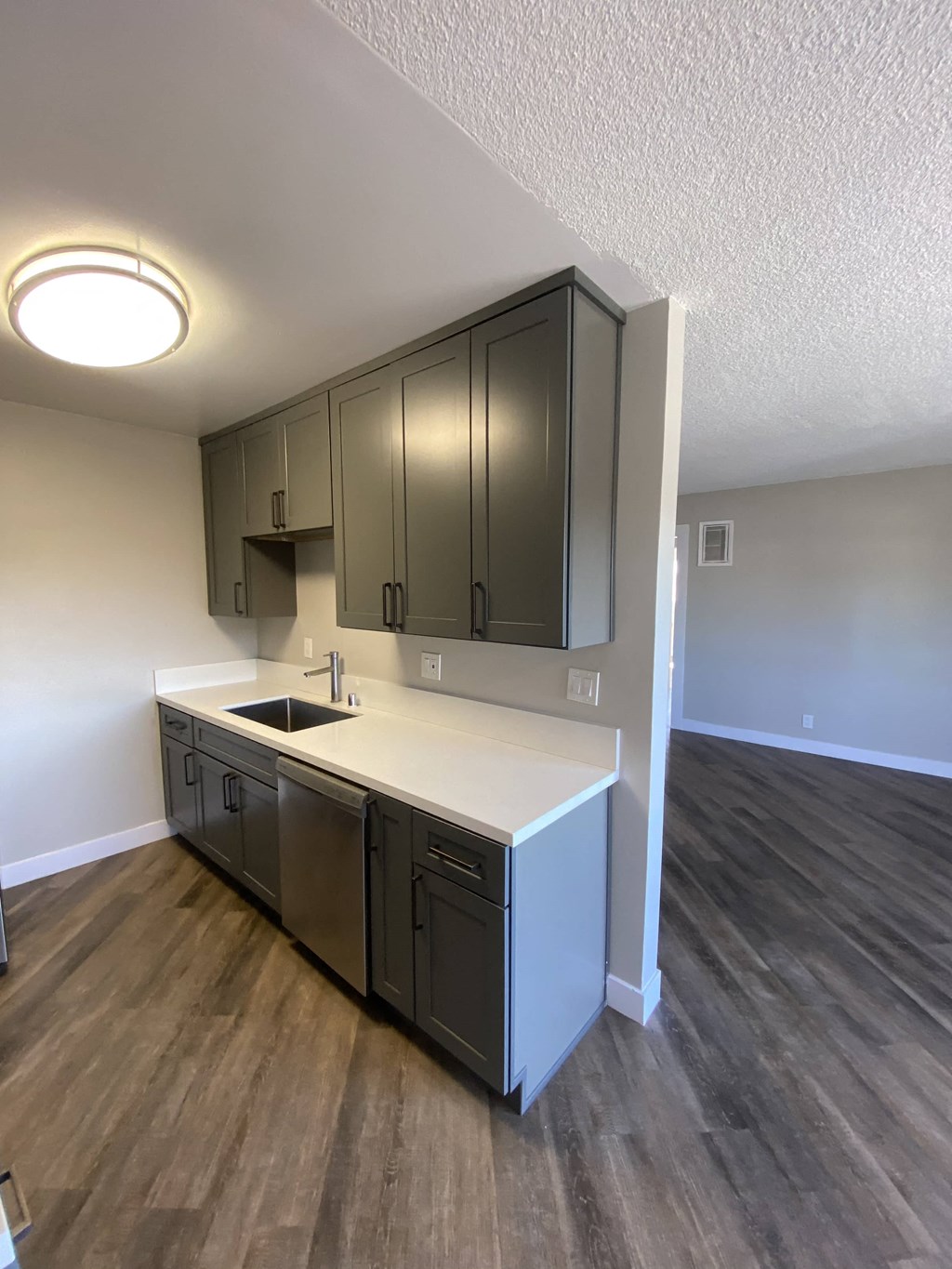 an empty kitchen with stainless steel appliances and dark cabinets