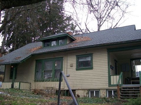 A house with a green roof and a yellow siding.