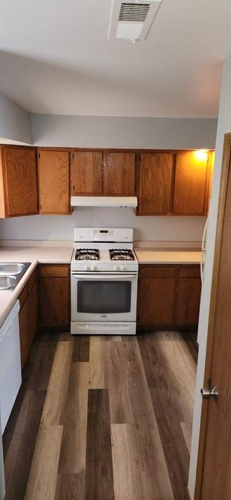 an empty kitchen with a stove and wooden cabinets