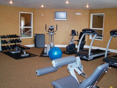 a home gym with exercise equipment and a tv