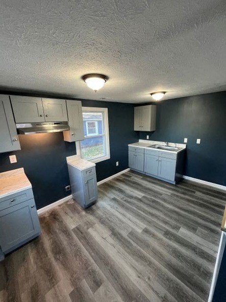 A kitchen with a wooden floor and grey cabinets.