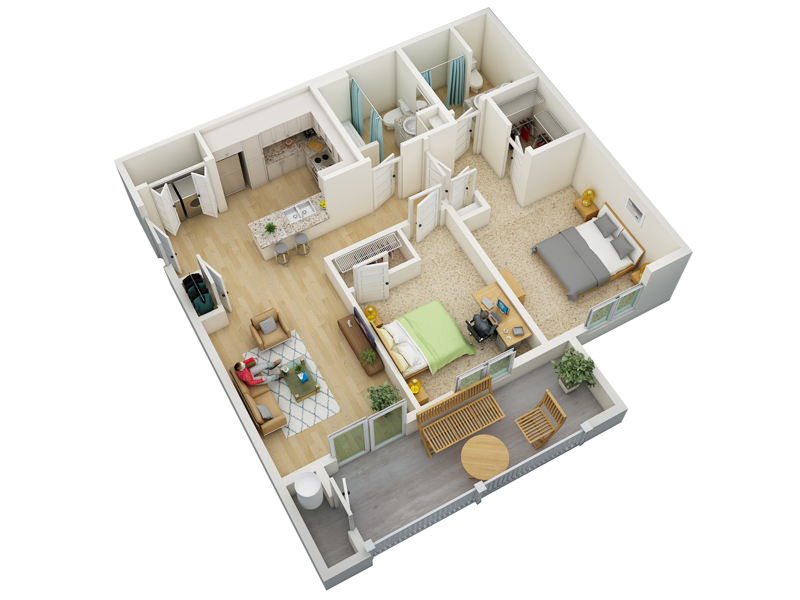 a stylized floor plan of a home with a bedroom and living room