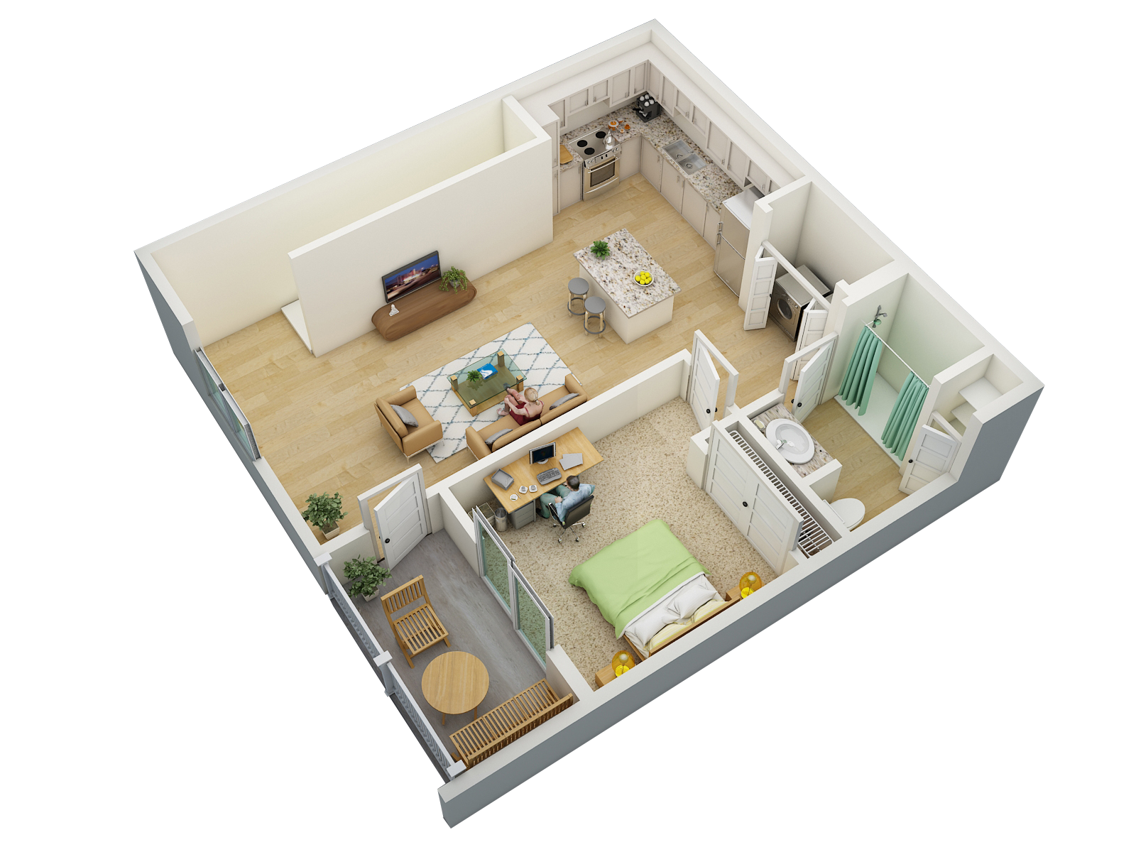 an overhead view of a furnished apartment with a bedroom and living room