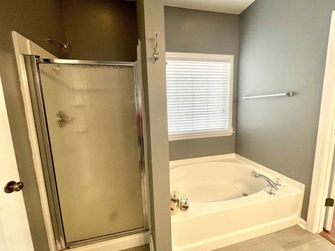 a bathroom with a tub and a shower and a sink