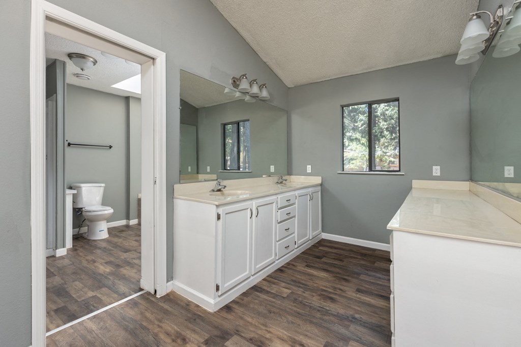 a bathroom with a large mirror and a sink and a toilet