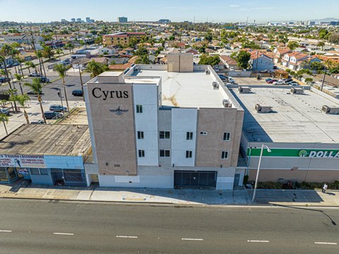 an aerial view of the cyprus building on the corner of a street