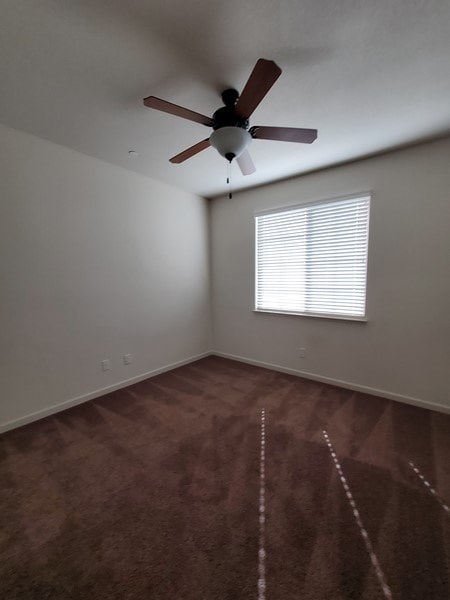 A room with a ceiling fan and a window with blinds.
