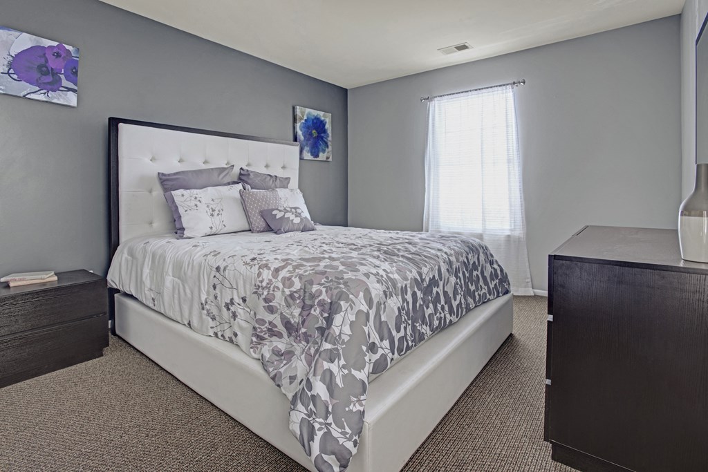 a bedroom with a bed and a dresser and a window