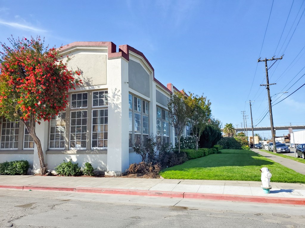 A white building with a red roof and a tree with red flowers in front of it.