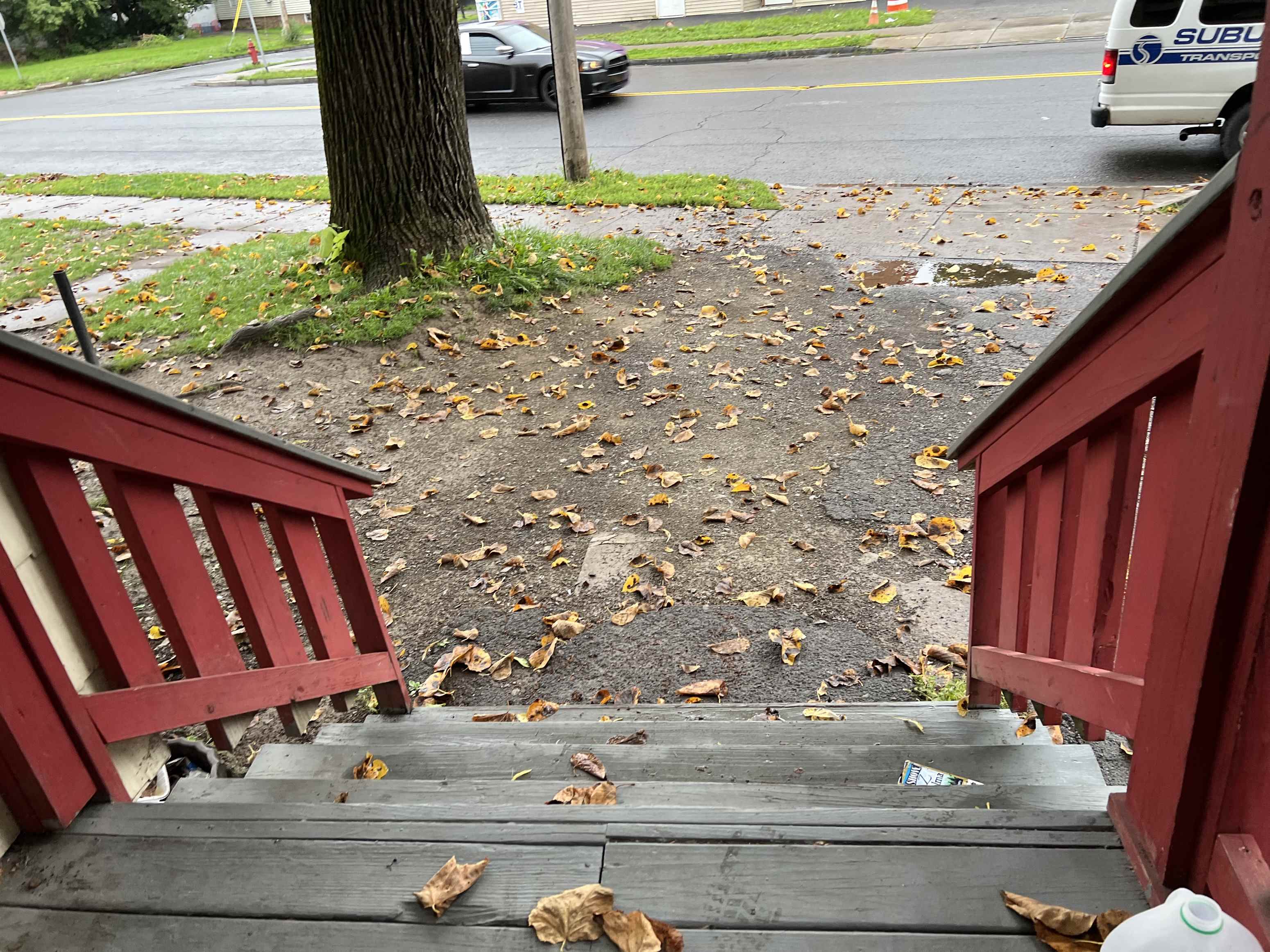 a view of a sidewalk from the stairs of a house