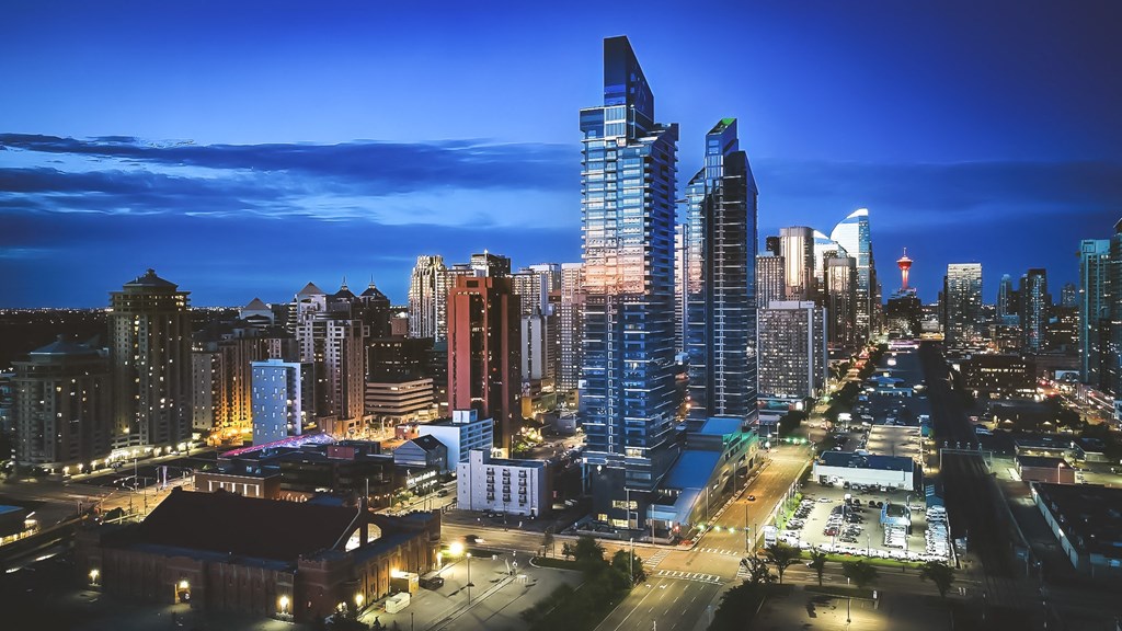 a cityscape of a city at night