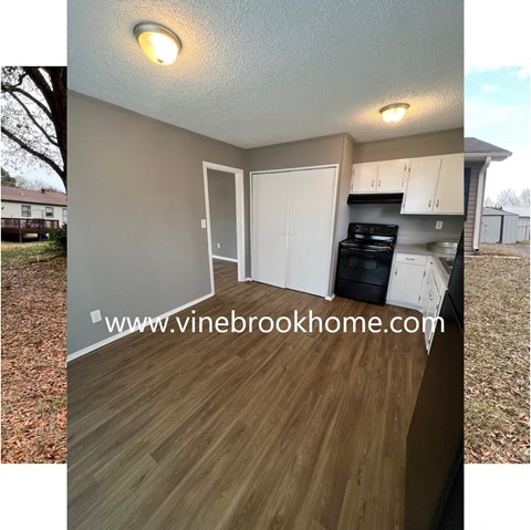 a comparison of a kitchen and a living room with wood flooring