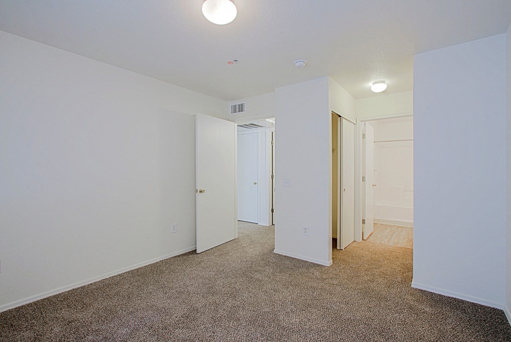 a bedroom with white walls and carpet and a door to a closet