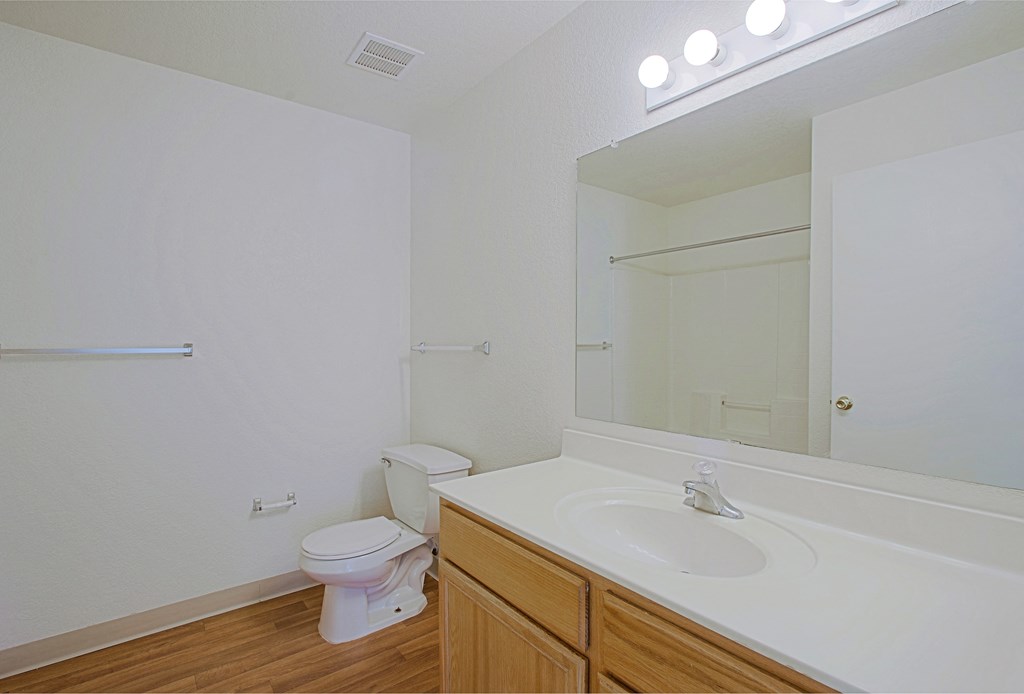 the preserve at ballantyne commons apartment bathroom with toilet sink and mirror