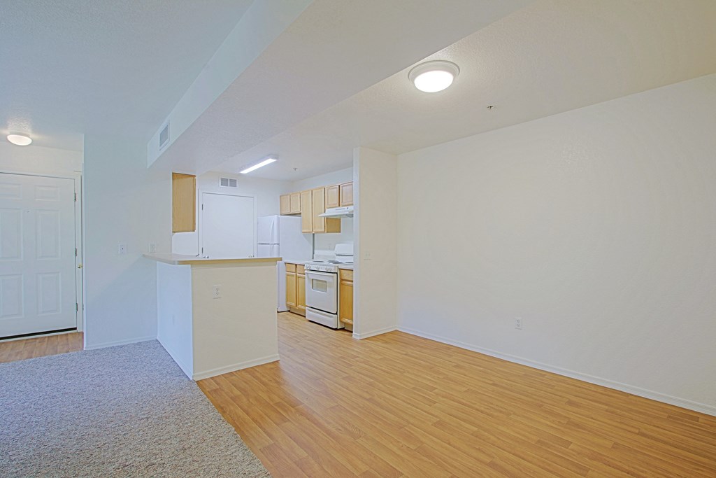 a spacious living room and kitchen with wood flooring and white walls