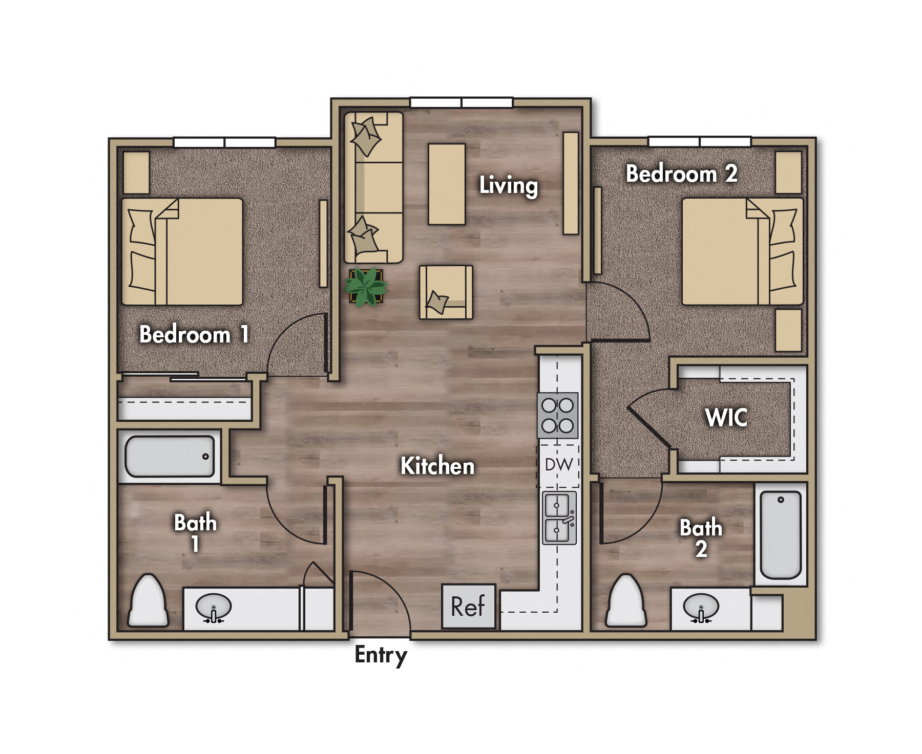 2 bedroom 2 bathroom floor plan. 803 to 823 square feet